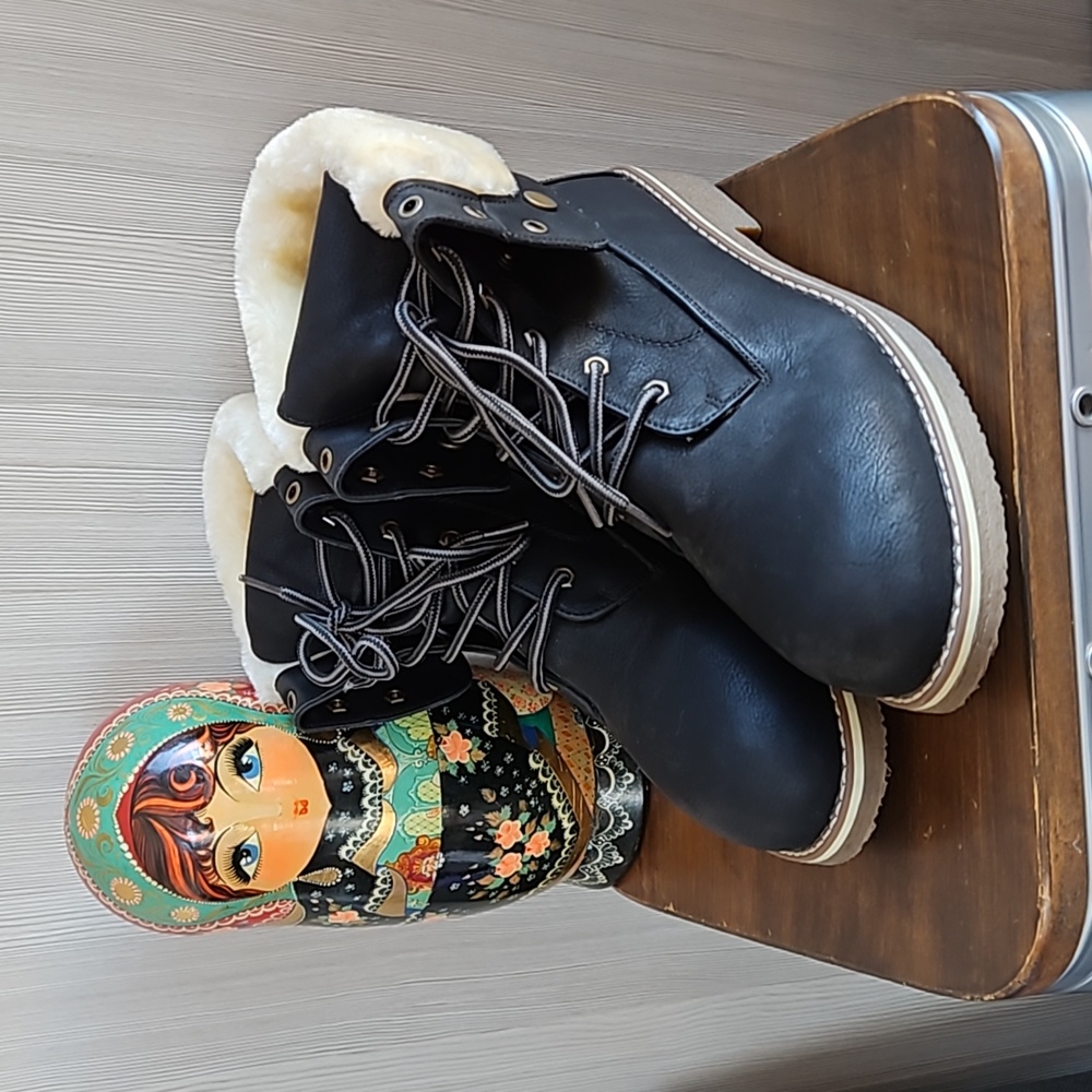 Faux Fur Winter Combat Ankle Boots -  Size 10